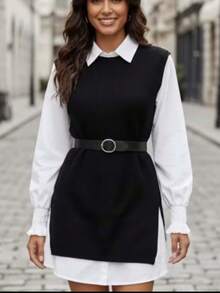 2-Piece Set: Long-Sleeved Dress Shirt + Ribbed Knit Vest With Side Slit And Belt - 黑色 - 查看 2
