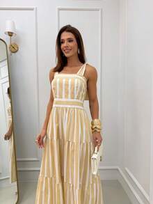15 Striped All-Over Print Ruched Fabric Ruffle Hem Wedding Dresses - Nude - View 2