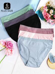 6 Pieces Of Plus Size Ribbed Cotton Women's Underwear, Soft And Comfortable, With Various Solid Colors And Simple Color Combinations, Women's Cotton Underwear, Plus Size Underwear, Summer Plus Size Underwear - Nhiều màu - Xem 1