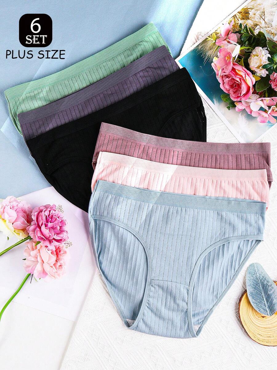 6 Pieces Of Plus Size Ribbed Cotton Women's Underwear, Soft And Comfortable, With Various Solid Colors And Simple Color Combinations, Women's Cotton Underwear, Plus Size Underwear, Summer Plus Size Underwear - Nhiều màu - Xem 1