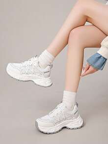 Women's Thick Sole Lace-Up Mesh Breathable Round Toe Low-Top Casual Sneakers, Spring/Autumn New Arrivals, White Shoes, Suitable For All Seasons, Training Shoes - Grey - View 4