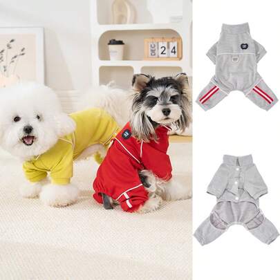 Pet Loungewear & Outdoor Outfit, Soft Sporty Dog Jumpsuit With Red Stripes & Love Patch, Adjustable D-Ring Four-Legged Dog Pajamas For Small Medium Dogs Bichon Schnauzer, Cozy Daily Wear & Walking Look
