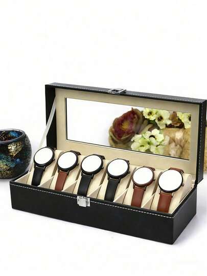 6-Slot Lockable Transparent Glass Top Large Capacity Men & Women Watch Storage Box, Black PU Leather Jewelry & Watch Display Case