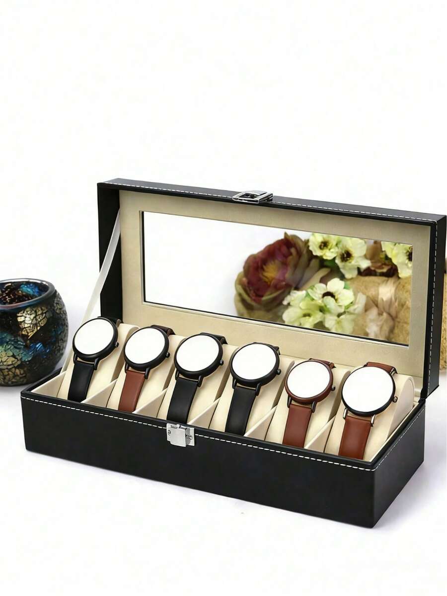 6格可上锁透明玻璃顶大容量男女手表收纳盒，黑色PU皮革珠宝手表展示盒 - 彩色 - 查看 1