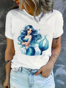 Camiseta Casual de Manga Corta para Mujer 2025 - Diseño de Sirena Anime, Cuello Redondo, Ligeramente Elástica, Lavable a Máquina, Ajuste Cómodo, Adecuada para Primavera, Verano y Otoño, Negra con Diseño Azul y Blanco, Estilo de Temporada, Moda de Ensueño, Material Elástico - Blanco - Ver 1