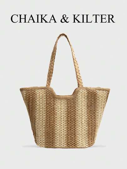 1 pieza Bolso de hombro de color contrastante CHAIKA & KILTER, bolso de playa grande de capacidad casual de mujer con tejido de paja hueco, con asas dobles, cierre con cremallera, adecuado para uso diario y vacaciones