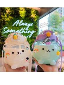 BENNY 1000ml Cute Bear Shaped Kids Water Bottle,Dual Lids (Straw & Sip), Detachable Strap &Handle, Leakproof | Eid Gift, Ramadan Special, Back To School, Christmas, Birthday Present For Boys Girls - Multicolor - View 6