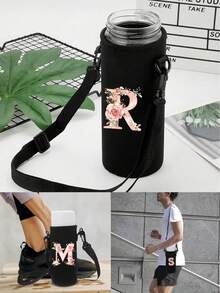 字母印花保温水瓶/水杯套，粉色玫瑰字母 A-Z 图案，可调节肩带 - 防滑套，适用于 1500ml 水瓶，适合健身、旅行，保温氯丁橡胶材质，适用于不锈钢、玻璃和塑料水瓶。 - 彩色 - 查看 3