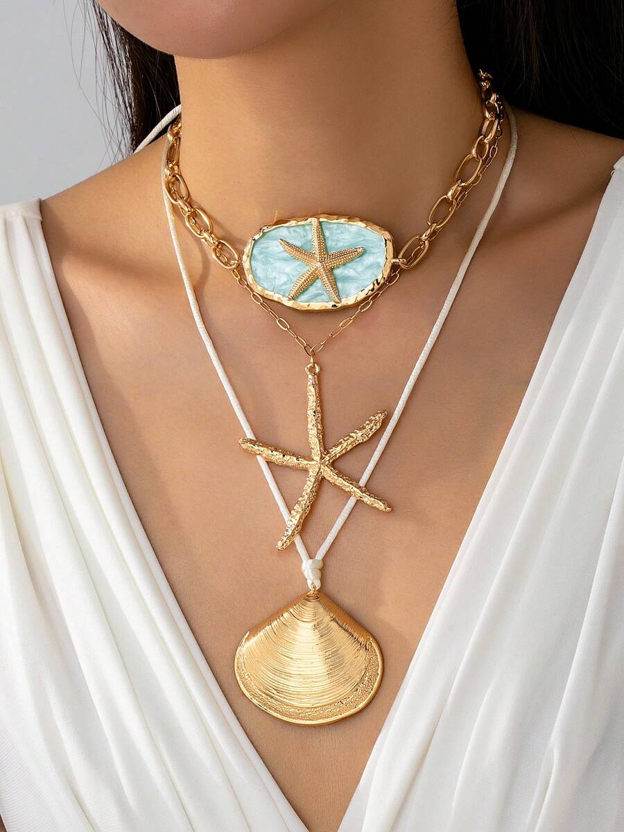 1pc Women's Gold-Plated Chunky Starfish Pendant Necklace - Ocean Theme Shell Pendant Necklace - Boho Summer Beach Vacation Accessory - Multicolor - View 1