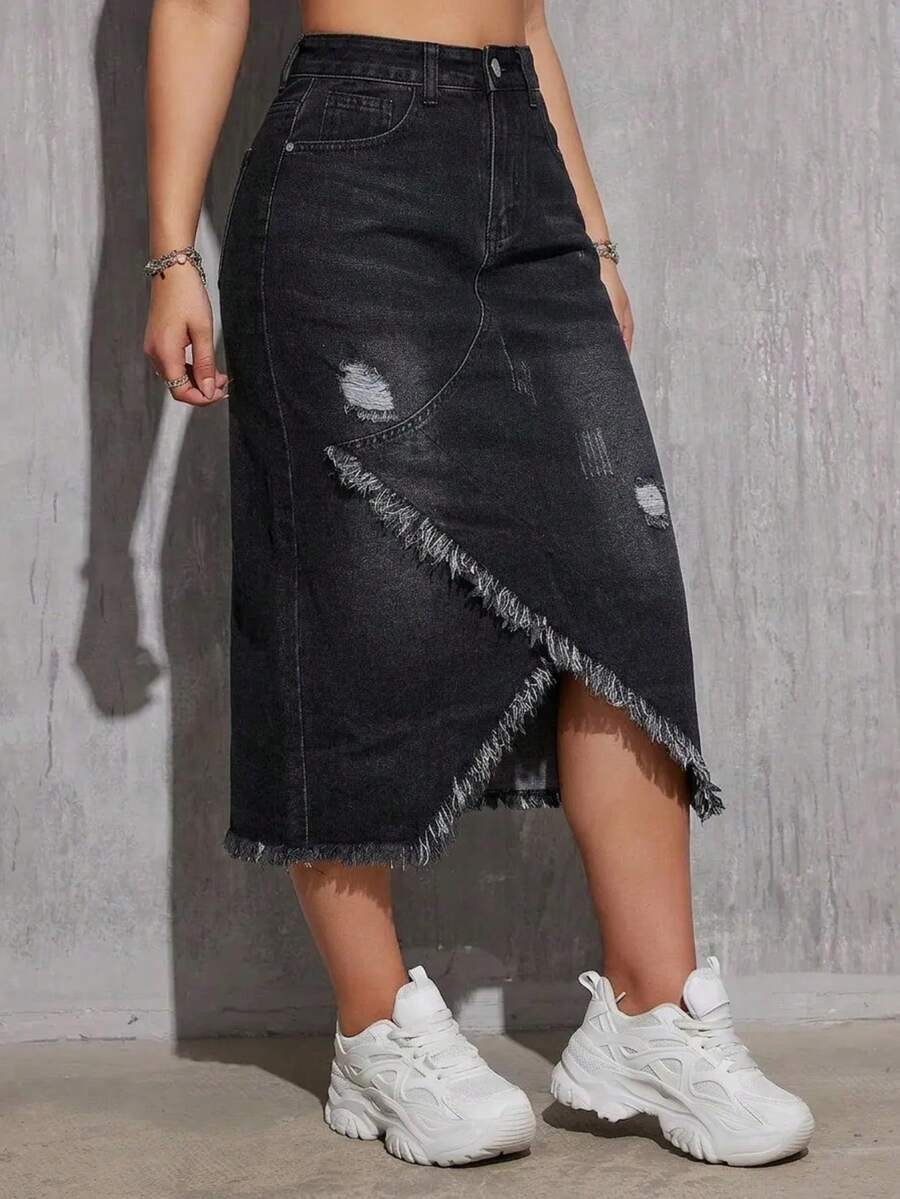 女士优雅时尚流苏水洗牛仔中长裙休闲黑色春季款