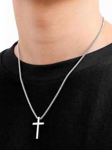 男士304不锈钢十字架吊坠项链，防氧化银色盒式链条，简约风格首饰，经久耐用，日常佩戴配饰 - 銀色 - 查看 5