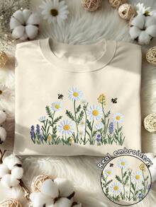 鲜艳的向日葵刺绣设计，花卉印花春夏女装，大码圆领短袖T恤，休闲百搭 - 杏色 - 查看 4