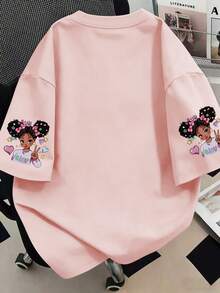 Camiseta Feminina Plus Size Gola Redonda Estampa de Desenho Animado Casual Versátil Uso Diário Passeio Manga Curta Rosa Verão - Rosa chiclete - Visão 2