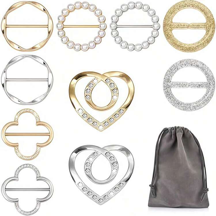 10 piezas Anillos para bufandas de mujer, Broches para atar camisetas con 1 bolsa de almacenamiento, Hebilla de cinturón con perlas, Broches para vestidos, Anillos para bufandas de seda, Decoraciones para ropa, sombreros y cinturones con forma de corazón de perlas, para playa y vacaciones - Multicolor - Añade 2