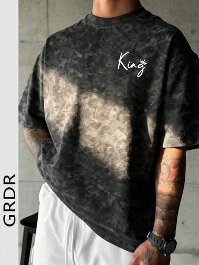 GRDR Men's Retro American Style Washed Graphic Print "Chest Graphic" "Floral Font" King Short Sleeve T-Shirt, Suitable For Summer Wear