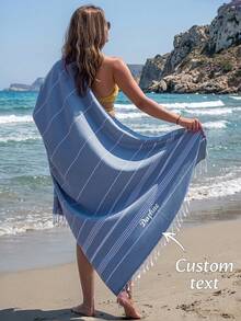 1 pieza Manta de playa bordada con nombre personalizado, decorada con flecos, tamaño 180*100cm. Hecha de tela a rayas con múltiples opciones de color. Adecuada para sofá, silla de sofá, ropa de cama, playa, piscina y decoración del hogar. Un excelente regalo de vacaciones para familiares y amigos. - Azul - Ver 2