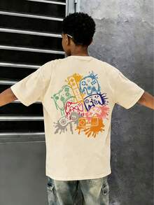 [Cotton T-Shirt] Tween Boy Colorful Game Console Cartoon Print Pullover Crew Neck T-Shirt, Spring/Summer/Autumn Student Young Children's Short-Sleeve Top - Perfect For Play And Casual Outings. A Fun And Colorful T-Shirt That Inspires Every Child's Imagination. Suitable For Sporty Boys' Everyday Wear, Street Style, And School Uniforms. - Màu be - Xem 1