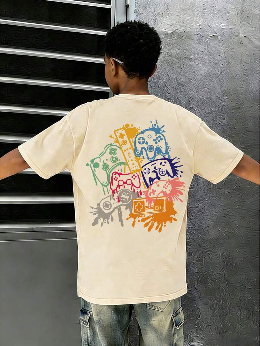 [Cotton T-Shirt] Tween Boy Colorful Game Console Cartoon Print Pullover Crew Neck T-Shirt, Spring/Summer/Autumn Student Young Children's Short-Sleeve Top - Perfect For Play And Casual Outings. A Fun And Colorful T-Shirt That Inspires Every Child's Imagination. Suitable For Sporty Boys' Everyday Wear, Street Style, And School Uniforms. - Màu be - Xem 1