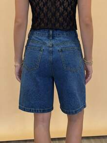 女士黑色高腰宽松休闲牛仔短裤 - 时尚百搭，适合日常穿着、外出、约会、街头风格 - 深色水洗藍 - 查看 7