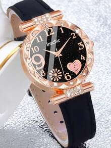 1/5 piezas Reloj de cuarzo elegante y lujoso con decoración de diamantes brillantes, fondo estrellado. Viene con un juego de joyas de diamantes que incluye collar, aretes y anillo. Adecuado para fiestas, reuniones, salidas y llevar la hora. También es un regalo ideal para el Día de la Madre, el regreso a la escuela, la temporada de bodas o la Pascua para mamás y amigas. - Multicolor - Ver 4