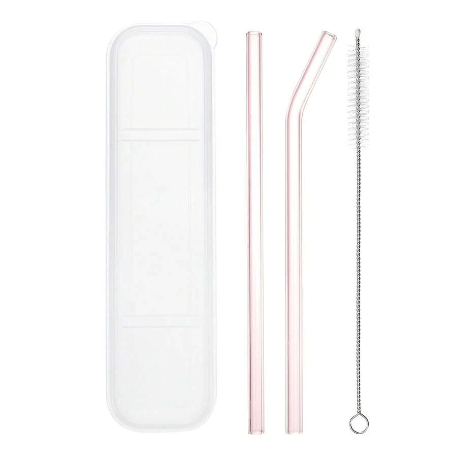 Glass Straw, 2pcs 8 Inch Long Reusable Straws, Travel Tumbler Replacement Straw Long With Cleaning Brush And Box For Frozen Bubble Tea Drinks, Pink - Kiểu 1 - Xem 1