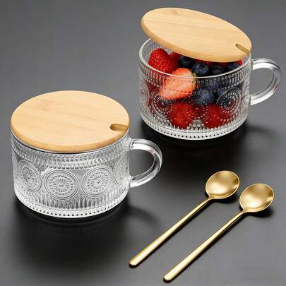 1/2pcs Vintage Glass Coffee Cup, Transparent Embossed Tea Cup With Lid And Spoon, Suitable For Cappuccino, Latte, Cereal, Yogurt, Beverages, Thanksgiving Gift