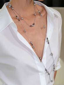 1pc Asymmetrical Long Beaded Necklace, Minimalist Charming Layered Clavicle Chain, Sweater Chain Suitable For Daily & Vacation Wear - Multicolor - View 10