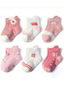 Bộ 6 đôi/12 đôi tất trẻ em hình bọ rùa hoạt hình, tất dài đến bắp chân cho bé trai và bé gái, tất hoạt hình thoáng khí. - Nhiều màu - Xem 9