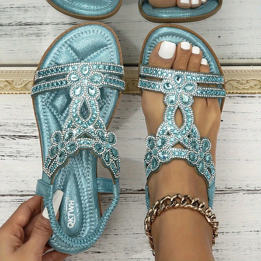 Giày sandal đế bằng đính đá hoa cho nữ, phong cách Bohemian, mũi hở quai đàn hồi, giày đi biển mùa hè thông thường, thích hợp cho lễ hội âm nhạc bãi biển