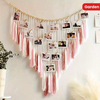 [Mejor valorado] Exhibidor de fotos de macramé estilo bohemio chic - Colgante de pared grande de color rosa pálido con cuentas de madera, perfecto para decoración de dormitorio, sala de estar, cocina y guardería de niñas