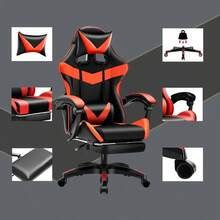 1 x Silla ergonómica para gaming con ajuste de altura e inclinación, base de cinco estrellas y reposapiés - Estructura de hierro forjado resistente, accionamiento manual, silla de oficina ergonómica ajustable | Silla de escritorio para gaming/streaming de alta resistencia con ajuste de altura, inclinación manual y soporte lumbar, acolchado de espuma viscoelástica, requiere montaje, adecuada para entornos de oficina y gaming. - Rojo - Ver 4