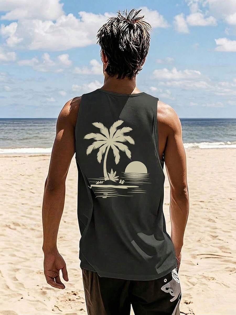 1 chiếc áo tank top nam cổ tròn in hình cây dừa và mặt trời, kiểu dáng thường ngày, thích hợp cho mùa hè. - Màu xám đen - Xem 1
