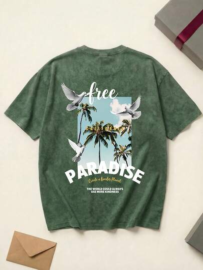 男士休闲时尚做旧雪洗“自由天堂”鸽子棕榈树印花T恤。街头风，百搭实用，舒适易穿。可单穿或叠穿，适合所有季节。是夏季、露营、度假、日常穿着和运动的理想之选。一款时尚的男士短袖T恤。