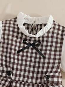 Đầm kẻ caro cổ điển ngọt ngào màu trắng, cổ Peter Pan, kiểu dáng Preppy cho bé gái 4-8 tuổi. - Cà phê nâu - Xem 4