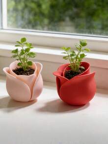 1pc 3D Printed Plastic Rose Flower Pot, White/Red/Pink/Black Rose, Soft Focus Petal Details, Breathable Drainage Planter, Suitable For Vintage Desk, Balcony, Succulent Planting, Desktop Decor, Balcony Decoration - Multicolor - View 1