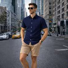 Italian Collar Shirt Short Sleeve Slim Fit Casual - 藏蓝色 - 查看 9