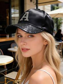 新款韩版字母水钻装饰棒球帽，亮面涤纶材质，防风保暖防紫外线，休闲百搭遮阳帽，黑色，适合所有季节，夏季、海滩皆宜 - B294 - 查看 1