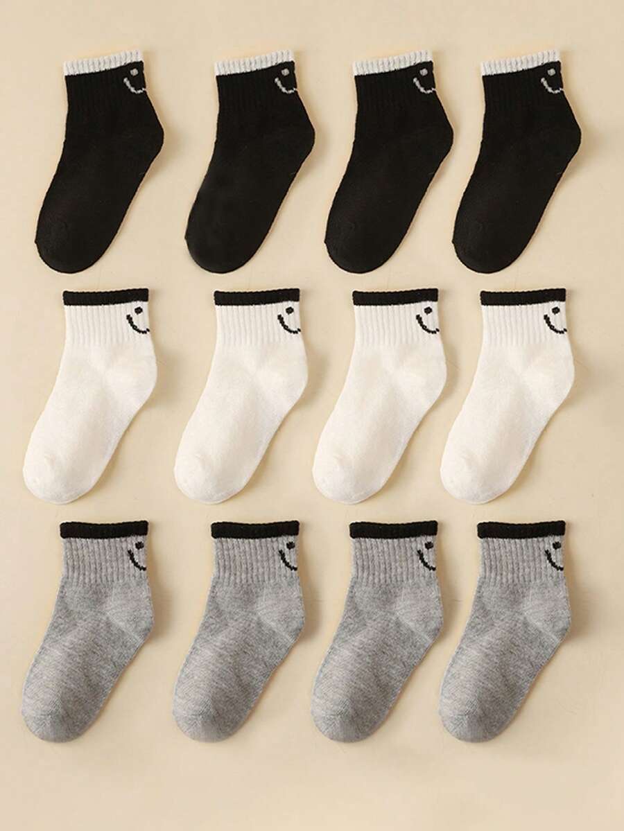 12pcs Kids Socks With Smiling Face Design, Comfortable & Durable School Socks - Multicolor - View 1