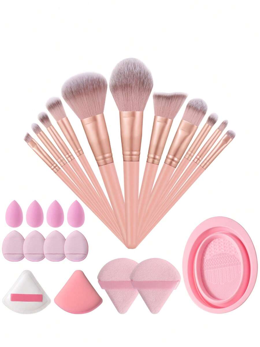 24件套化妆工具套装，包含：11支化妆刷套装+4个迷你气垫粉扑+4个迷你化妆海绵+2个云朵棉粉扑+2个三角粉扑+1个化妆刷清洁工具，一应俱全，新手友好 | 方便旅行携带，送礼佳品 | 新手/女性的完美之选 - 彩色 - 查看 1