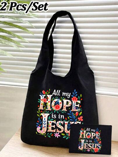 Bộ túi tote họa tiết hoa "Mọi niềm hy vọng của tôi đều đặt nơi Chúa Giêsu", túi đeo vai đơn giản dung tích lớn kèm túi đựng mỹ phẩm di động, túi đựng đồ dùng hàng ngày, túi mua sắm đa năng, túi quà tặng cá nhân hóa hoặc túi đựng bữa trưa. Hoàn hảo cho mua sắm, đi làm, đi học, kỳ nghỉ, bãi biển, du lịch, công tác.
