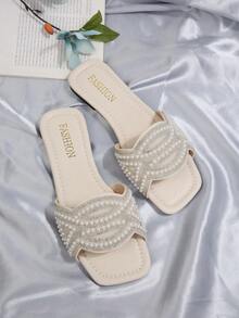 2025新款法式水晶装饰方头平底凉鞋，优雅套脚设计，适合搭配连衣裙，春夏秋季皆宜。 - 米色 - 查看 7