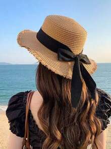 Bow Knot Frayed Flat Top Straw Hat, Women Summer Beach Holiday Japanese Hawaii Sun Woven Sun Hat, Boho Bowknot - Straw Hat - View 6