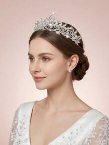1 pieza Tiara nupcial decorada con cristales Rhinestone, corona de boda elegante plateada para mujeres, accesorio para el cabello para fiesta de graduación, Tiara de boda con cristales brillantes, corona nupcial plateada ligera con accesorios para el cabello con Rhinestone para mujeres y niñas, para fiestas, verano, playa - Plateado - Ver 2