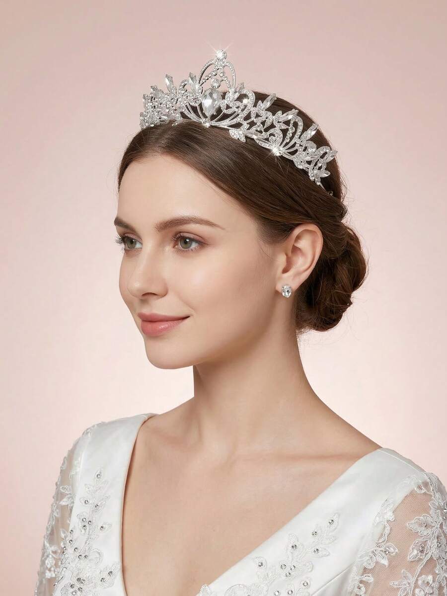 1 pieza Tiara nupcial decorada con cristales Rhinestone, corona de boda elegante plateada para mujeres, accesorio para el cabello para fiesta de graduación, Tiara de boda con cristales brillantes, corona nupcial plateada ligera con accesorios para el cabello con Rhinestone para mujeres y niñas, para fiestas, verano, playa