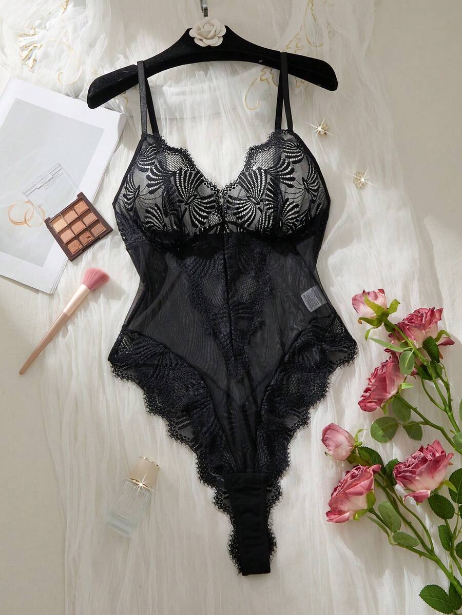 1pc Black Sheer Mesh Floral Lace Deep V-Neck Jumpsuit