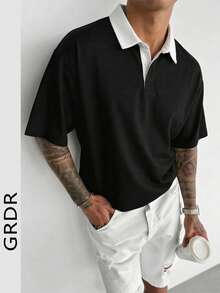 GRDR 男士撞色 Polo 衫，夏季休闲运动装 - 黑色 - 查看 2