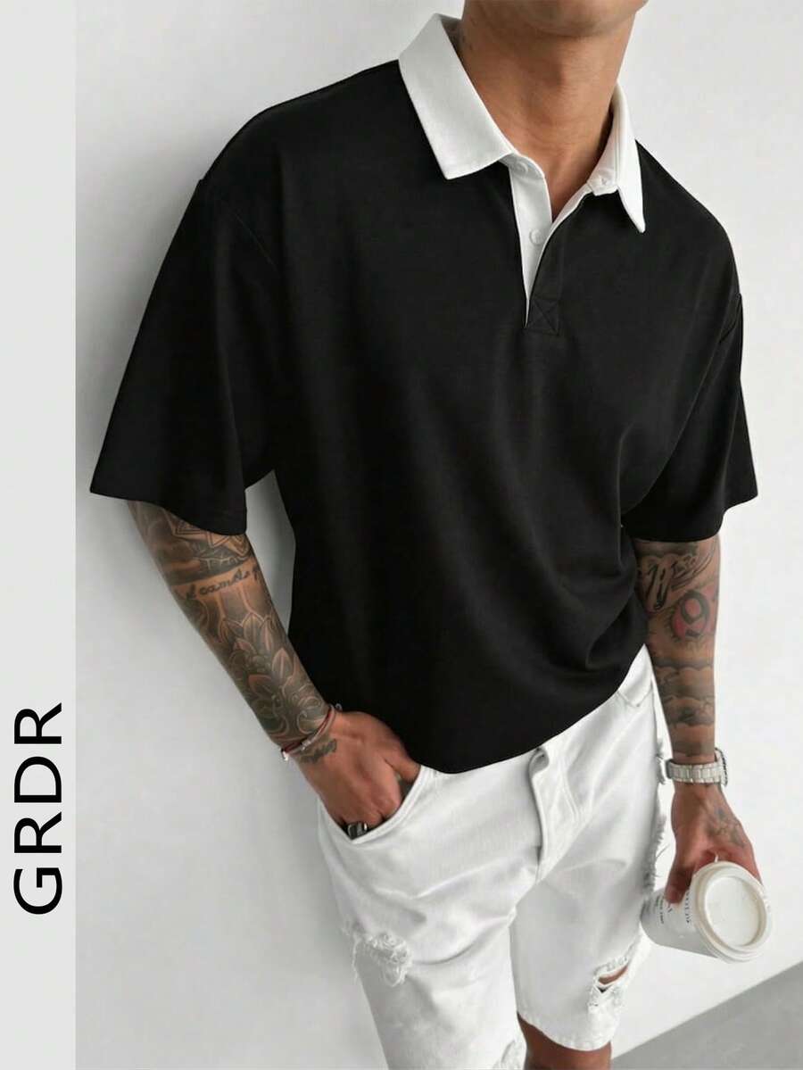 GRDR Men's Colorblock Polo Shirt, Casual Sports Wear For Summer - Black - View 1