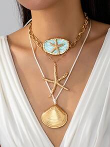 1pc Women's Gold-Plated Chunky Starfish Pendant Necklace - Ocean Theme Shell Pendant Necklace - Boho Summer Beach Vacation Accessory - Multicolor - View 8