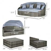 Outsunny 4-Piece Outdoor Rattan Furniture Set Round Convertible Patio Daybed Or Sunbed Sectional Sofa With Canopy Pillows Cushions Footrest Table PE Plastic Wicker Light Gray - Light Gray - 查看 8