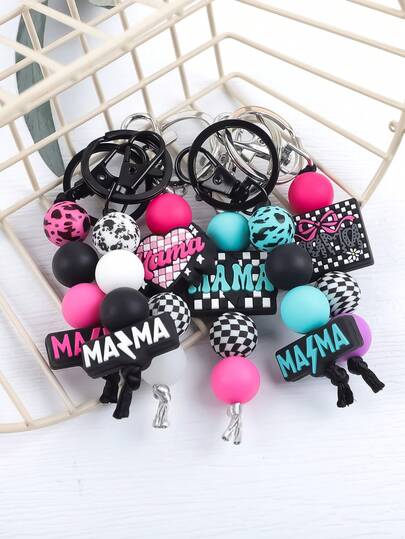 1pc MAMA Polka Dot Beaded Bracelet Keychain - Leopard Print Silicone Beaded Bracelet With Tassel, Fashion Keychain Gift For Mom Gifts For Mother, Father, Graduation, And Teacher